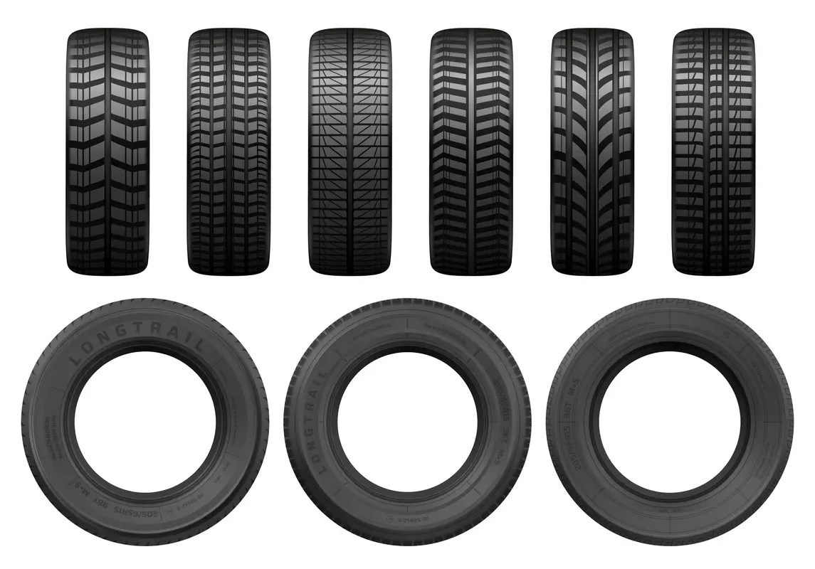 Car black tires, vector realistic isolated tyre objects. Car wheel tyres of different types, summer and winter tread track pattern, front and side view