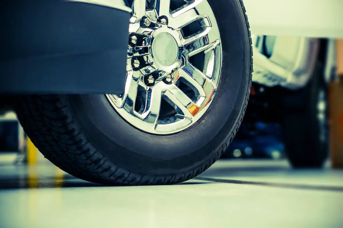 Pickup Truck Wheels and Tires Closeup Photo. Heavy Duty Truck Wheels