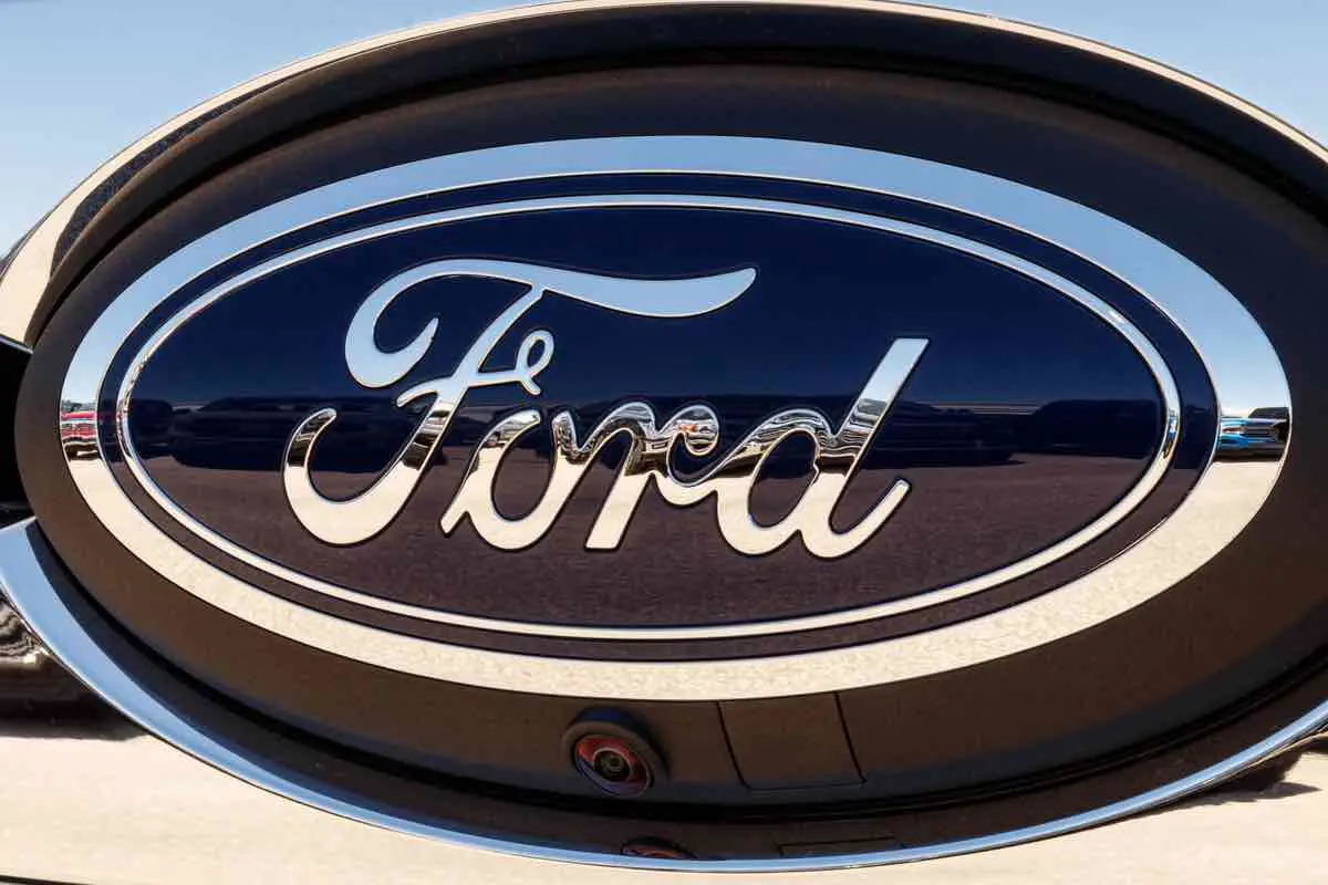 Lafayette - Circa April 2018: Ford Oval tailgate logo on an F-150 pickup truck. Ford sells products under the Lincoln and Motorcraft brands XIV
